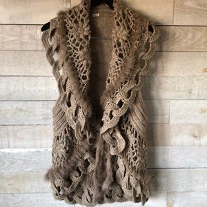 Circular crochet vest with rabbit fur trim